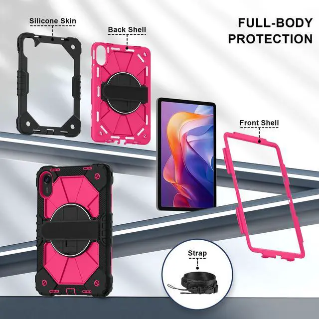 Alt view image 6 of 7 - WERLEO Case for Xiaomi Redmi Pad 2 11 Inch 2025 with Rotating Stand Pencil Holder Hand/Shoulder Strap, Heavy Duty Shockproof Protective Cover Rose Red