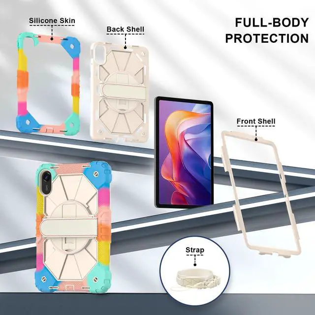 Alt view image 6 of 7 - WERLEO Case for Xiaomi Redmi Pad 2 11 Inch 2025 with Rotating Stand Pencil Holder Hand/Shoulder Strap, Heavy Duty Shockproof Protective Cover Rainbow