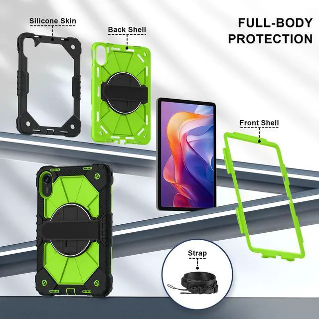Alt view image 5 of 7 - WERLEO Case for Xiaomi Redmi Pad 2 11 Inch 2025 with Rotating Stand Pencil Holder Hand/Shoulder Strap, Heavy Duty Shockproof Protective Cover Green