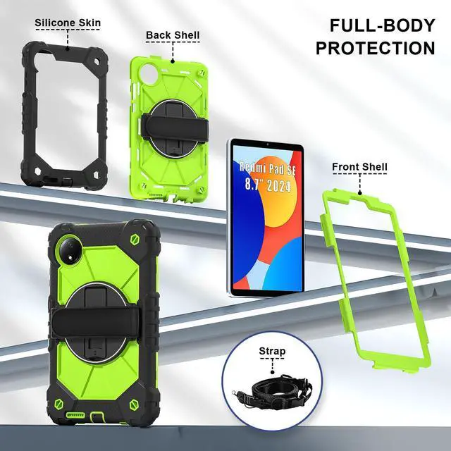 Alt view image 7 of 7 - WERLEO Case for Xiaomi Redmi Pad SE 8.7 inch 2024 with Rotating Stand Pencil Holder Hand/Shoulder Strap, Heavy Duty Shockproof Protective Cover Green