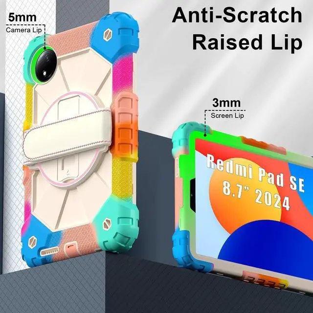 Alt view image 6 of 7 - WERLEO Case for Xiaomi Redmi Pad SE 8.7 inch 2024 with Rotating Stand Pencil Holder Hand/Shoulder Strap, Heavy Duty Shockproof Protective Cover Rainbow
