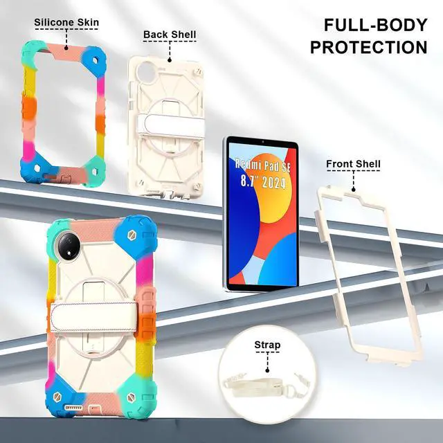 Alt view image 7 of 7 - WERLEO Case for Xiaomi Redmi Pad SE 8.7 inch 2024 with Rotating Stand Pencil Holder Hand/Shoulder Strap, Heavy Duty Shockproof Protective Cover Rainbow