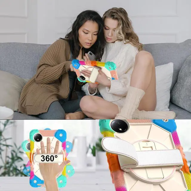 Alt view image 3 of 7 - WERLEO Case for Xiaomi Redmi Pad SE 8.7 inch 2024 with Rotating Stand Pencil Holder Hand/Shoulder Strap, Heavy Duty Shockproof Protective Cover Rainbow