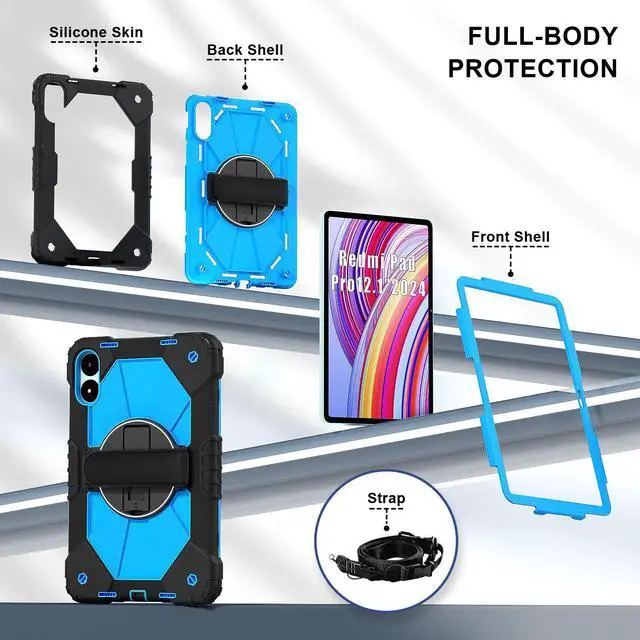 Alt view image 7 of 7 - WERLEO Case for Xiaomi Redmi Pad Pro 12.1 inch / Xiaomi Poco Pad 12.1 inch 2024 with Rotating Stand Pencil Holder Hand/Shoulder Strap, Heavy Duty Shockproof Protective Cover Blue
