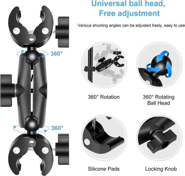 Alt view image 5 of 7 - WERLEO Double Mount Clamp for Action Camera, Super Clamp Adapter Double Head Multifunction Holder for Motorcycle, Photography Light Fixture Bracket,Umbrella,Selfie Stick,Reflector