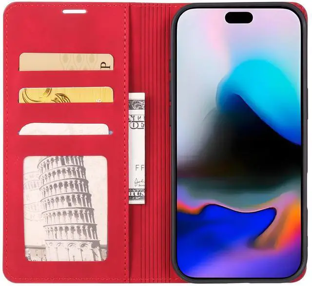 Alt view image 2 of 7 - WERLEO Case for iPhone Air Premium PU Leather Phone Cover with Card Holder Stand, Shockproof Flip Wallet Cover Red