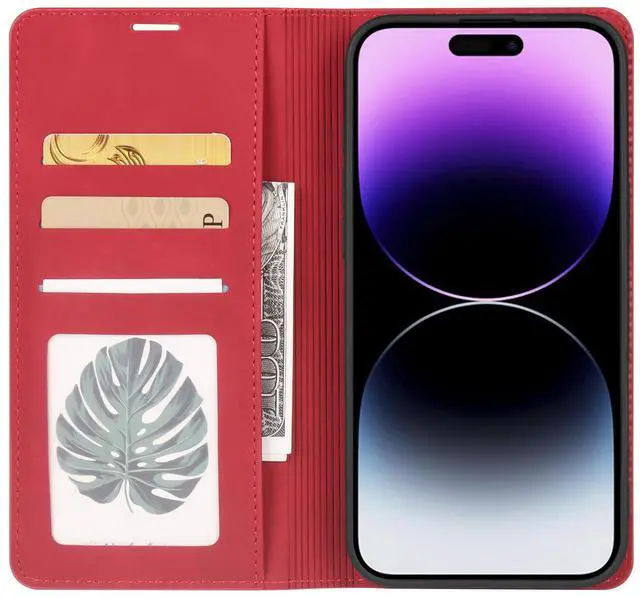 Alt view image 2 of 7 - WERLEO Case for iPhone 17 Premium PU Leather Phone Cover with Card Holder Stand, Shockproof Flip Wallet Cover Red