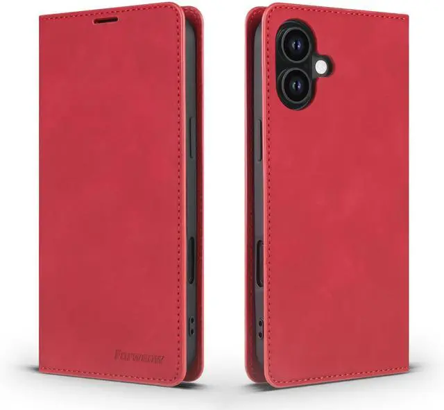 Main image of WERLEO Case for iPhone 17 Premium PU Leather Phone Cover with Card Holder Stand, Shockproof Flip Wallet Cover Red