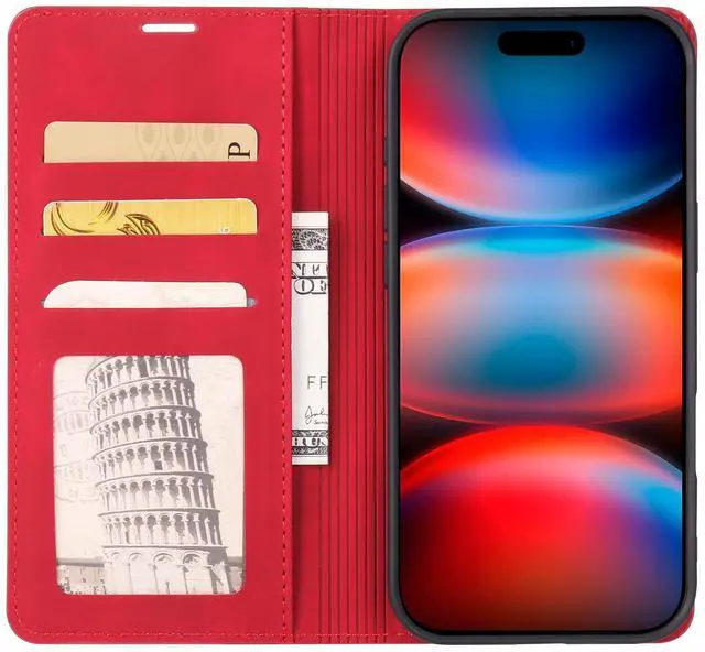 Alt view image 2 of 7 - WERLEO Case for iPhone 17 Pro Max Premium PU Leather Phone Cover with Card Holder Stand, Shockproof Flip Wallet Cover Red