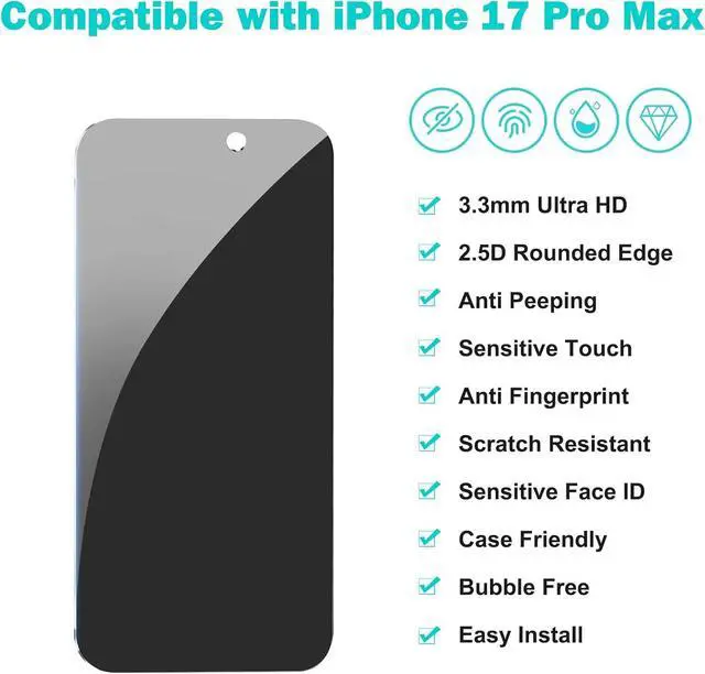 Alt view image 2 of 7 - WERLEO 3+3Pack for iPhone 17 Pro Max Privacy Screen Protector with Camera Lens Protector Full Coverage Anti-Spy Tempered Glass Film 9H Hardness Easy Installation Bubble Free [6.9 inch]