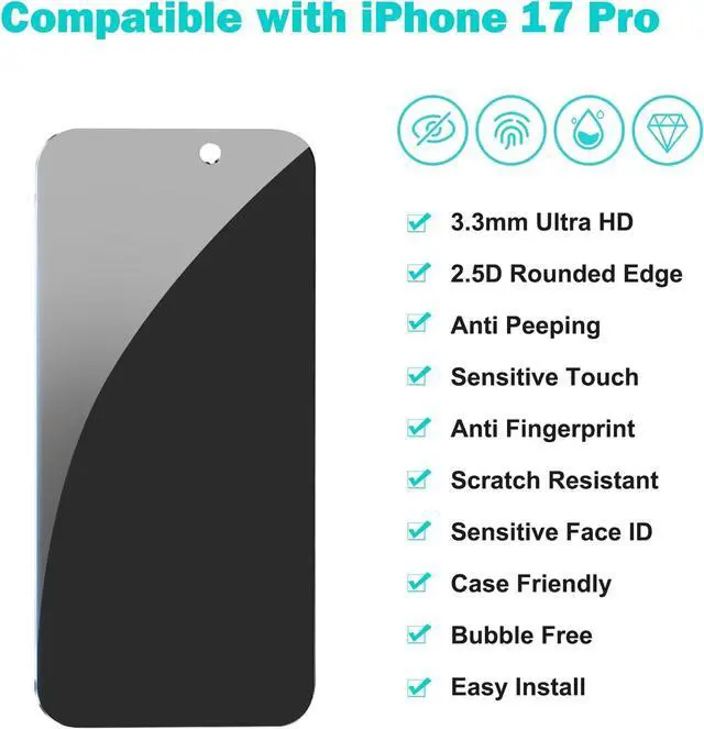Alt view image 2 of 7 - WERLEO [3+3 Pack] for iPhone 17 Pro Privacy Screen Protector with Camera Lens Protector Full Coverage Anti-Spy Tempered Glass Film 9H Hardness Easy Installation Bubble Free [6.3 inch]