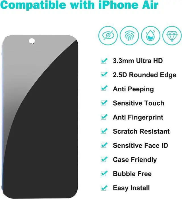 Alt view image 2 of 7 - [3+3Pack] for iPhone Air Privacy Screen Protector with Camera Lens Protector Full Coverage Anti-Spy Tempered Glass Film 9H Hardness Easy Installation Bubble Free [6.5 inch]