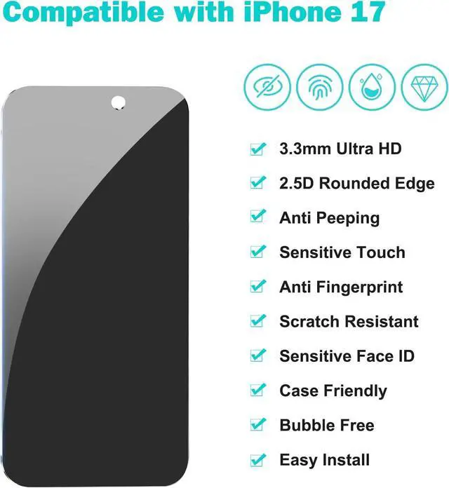 Alt view image 2 of 7 - WERLEO [3+3 Pack] for iPhone 17 Privacy Screen Protector with Camera Lens Protector Full Coverage Anti-Spy Tempered Glass Film 9H Hardness Easy Installation Bubble Free [6.3 inch]