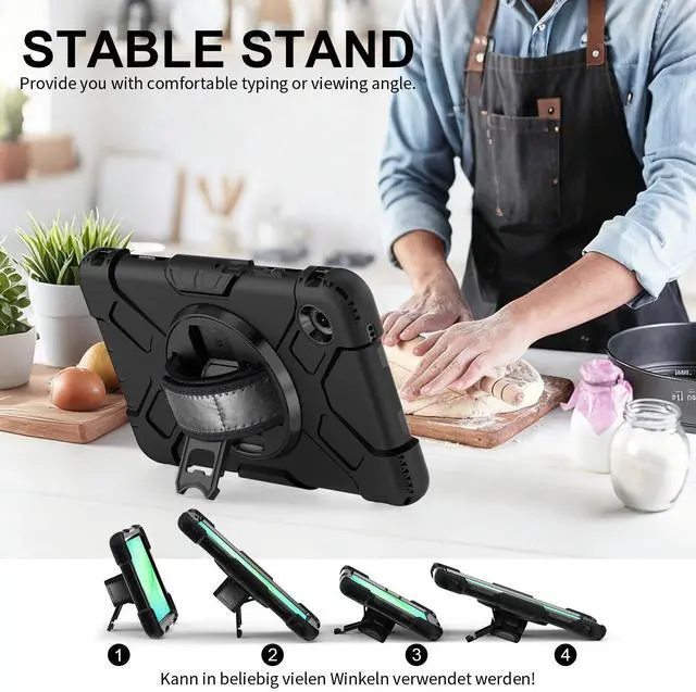 Alt view image 4 of 7 - Case for Samsung Galaxy Tab A11 8.7 Inch 2025 Model SM-X130 / X135, Full-Body Drop Protection Cover with Screen Protector Pencil Holder Rotating Stand Hand Strap Shoulder Strap, Black