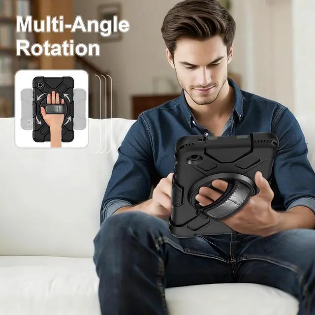 Alt view image 3 of 7 - Case for Samsung Galaxy Tab A11 8.7 Inch 2025 Model SM-X130 / X135, Full-Body Drop Protection Cover with Screen Protector Pencil Holder Rotating Stand Hand Strap Shoulder Strap, Black