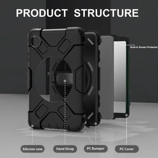 Alt view image 5 of 7 - Case for Samsung Galaxy Tab A11 8.7 Inch 2025 Model SM-X130 / X135, Full-Body Drop Protection Cover with Screen Protector Pencil Holder Rotating Stand Hand Strap Shoulder Strap, Black