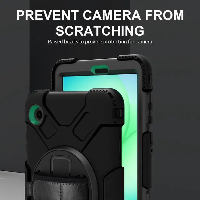 Alt view image 7 of 7 - Case for Samsung Galaxy Tab A11 8.7 Inch 2025 Model SM-X130 / X135, Full-Body Drop Protection Cover with Screen Protector Pencil Holder Rotating Stand Hand Strap Shoulder Strap, Black