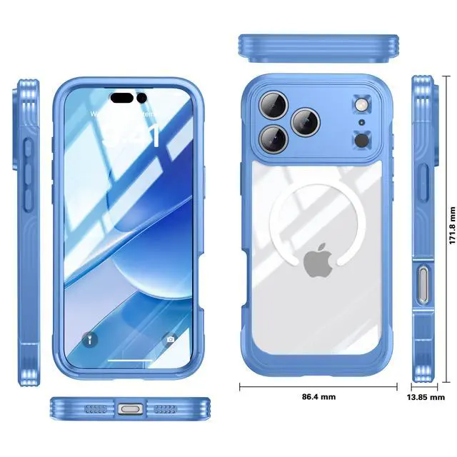 Alt view image 5 of 5 - WERLEO Magnetic Case for iPhone 17 Pro with Built-in Screen Protector, Shockproof Phone Cover with Camera Protector, Compatible with MagSafe, Full Body Phone Case Blue
