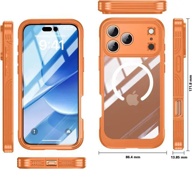 Alt view image 6 of 6 - WERLEO Magnetic Case for iPhone 17 Pro with Built-in Screen Protector, Shockproof Phone Cover with Camera Protector, Compatible with MagSafe, Full Body Phone Case Orange