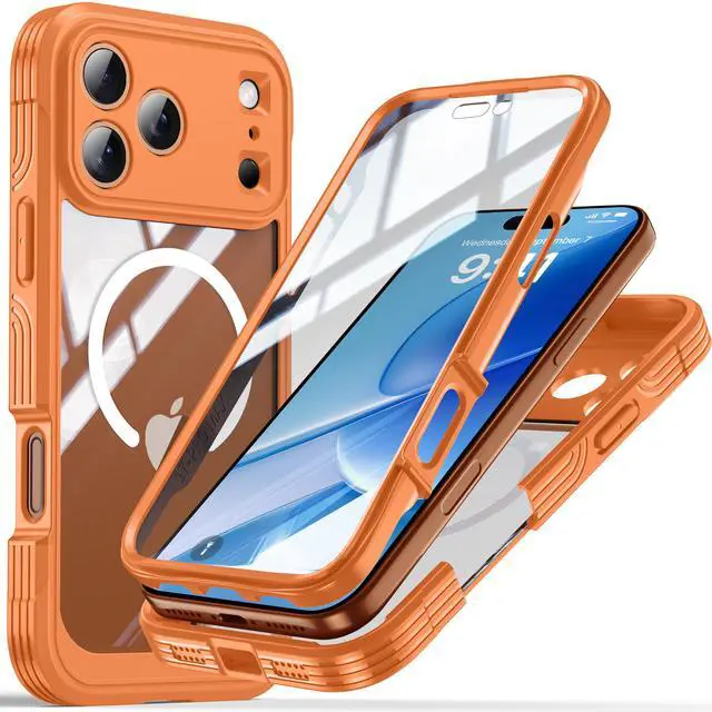 Alt view image 3 of 6 - WERLEO Magnetic Case for iPhone 17 Pro with Built-in Screen Protector, Shockproof Phone Cover with Camera Protector, Compatible with MagSafe, Full Body Phone Case Orange
