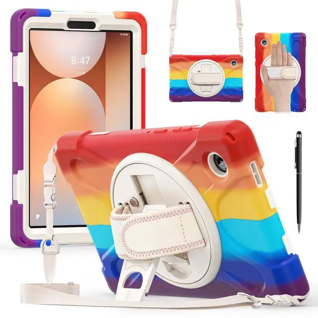 Main image of WERLEO Case for Samsung Galaxy Tab A11 8.7 inch 2025 SM-X130 X133 X135 Shockporoof Cover with Pencil Holder Rotating Hand Strap & Stand Shoulder Strap, Universal Stylus Pen Rainbow Red