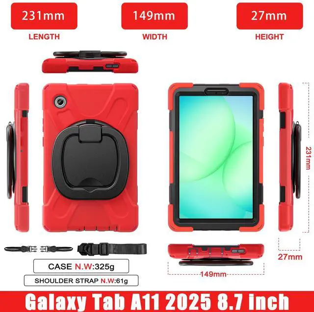 Alt view image 7 of 7 - WERLEO Protective Case for Samsung Galaxy Tab A11 8.7 inch 2025 SM-X130 X133 X135 Shockporoof Cover with Pencil Holder Rotating Hand Strap & Stand Shoulder Strap Red