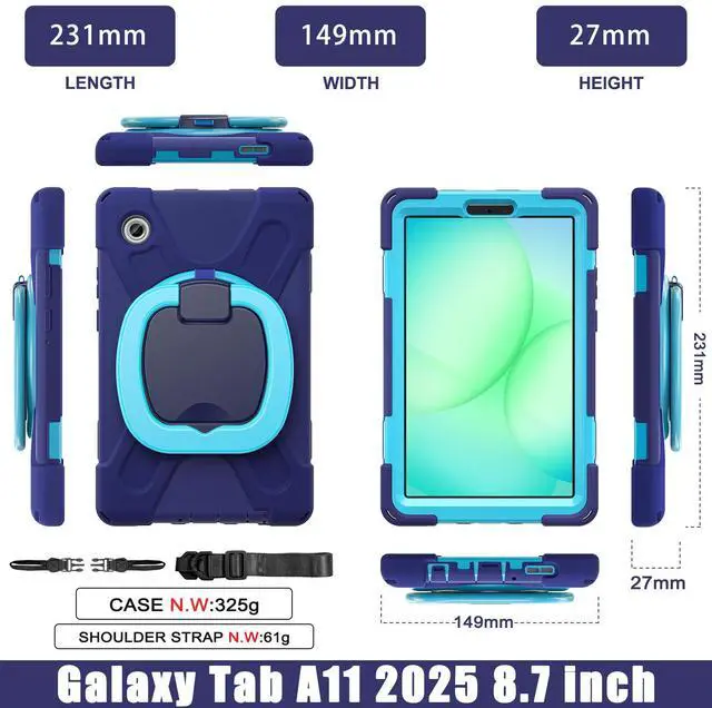 Alt view image 6 of 7 - WERLEO Protective Case for Samsung Galaxy Tab A11 8.7 inch 2025 SM-X130 X133 X135 Shockporoof Cover with Pencil Holder Rotating Hand Strap & Stand Shoulder Strap, blue