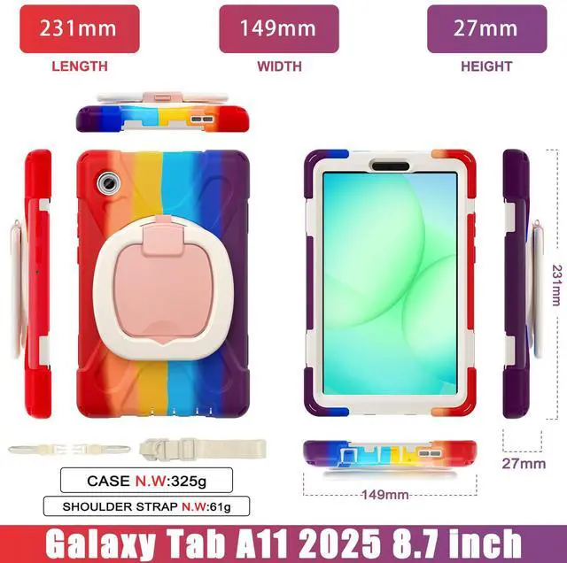Alt view image 6 of 7 - WERLEO Protective Case for Samsung Galaxy Tab A11 8.7 inch 2025 SM-X130 X133 X135 Shockporoof Cover with Pencil Holder Rotating Hand Strap & Stand Shoulder Strap Rainbow Red