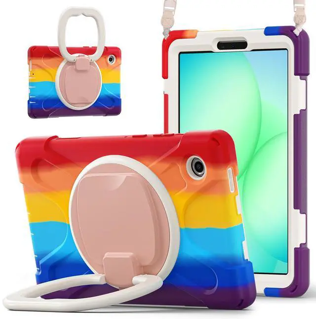 Main image of WERLEO Protective Case for Samsung Galaxy Tab A11 8.7 inch 2025 SM-X130 X133 X135 Shockporoof Cover with Pencil Holder Rotating Hand Strap & Stand Shoulder Strap Rainbow Red