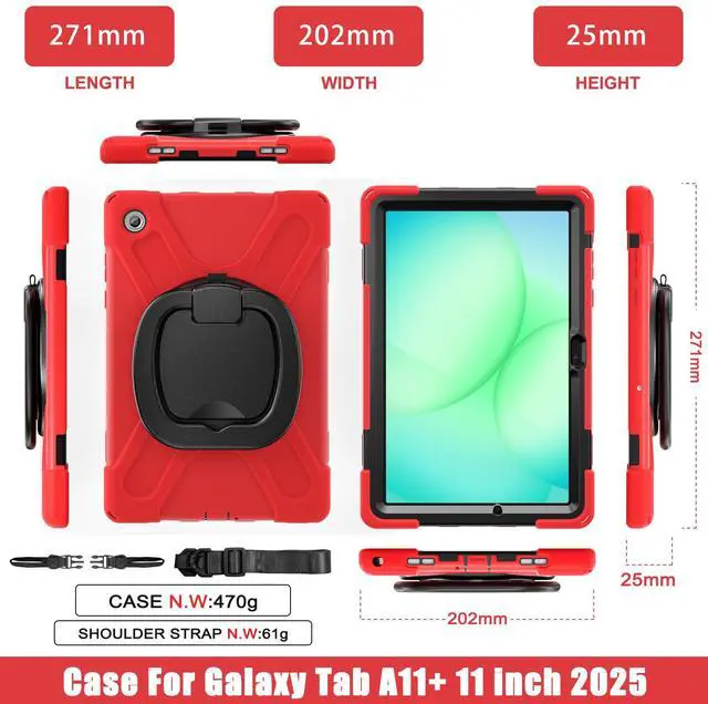 Alt view image 7 of 7 - WERLEO Protecive Case for Samsung Galaxy Tab A11 Plus / A11+ 11 Inch 2025 Shockporoof Cover with Pencil Holder Rotating Hand Strap & Stand Shoulder Strap Red