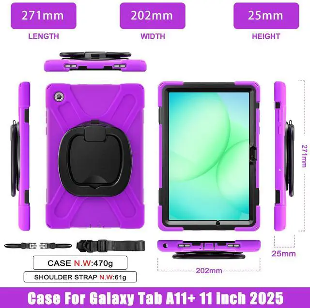 Alt view image 7 of 7 - WERLEO Protecive Case for Samsung Galaxy Tab A11 Plus / A11+ 11 Inch 2025 Shockporoof Cover with Pencil Holder Rotating Hand Strap & Stand Shoulder Strap Purple