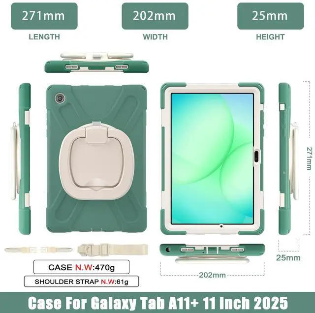 Alt view image 6 of 7 - WERLEO Protecive Case for Samsung Galaxy Tab A11 Plus / A11+ 11 Inch 2025 Shockporoof Cover with Pencil Holder Rotating Hand Strap & Stand Shoulder Strap Dark Green