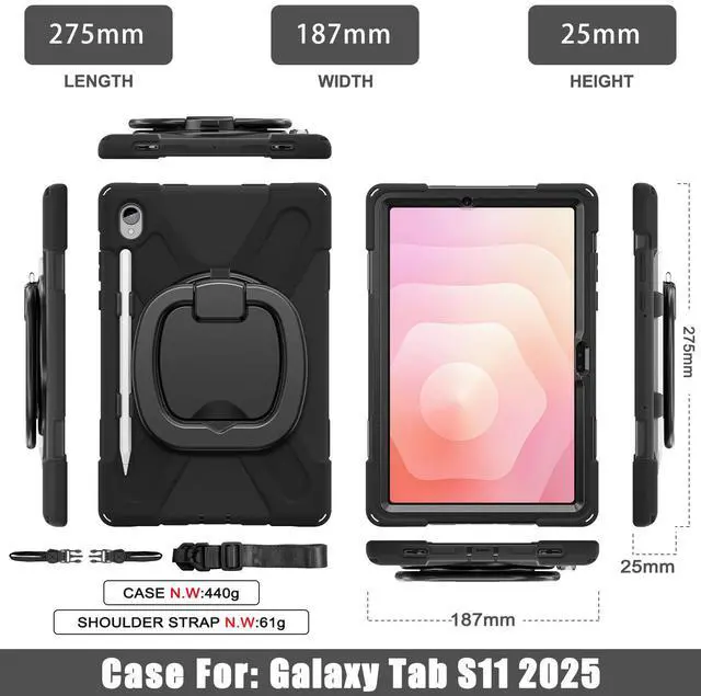 Alt view image 7 of 7 - WERLEO Case for Samsung Galaxy Tab S11 11 inch 2025 SM-X730/X736B/X736E/X736U Shockporoof Cover with Built-in Screen Protector, Pencil Holder, Rotating Hand Strap, Stand, Shoulder Strap