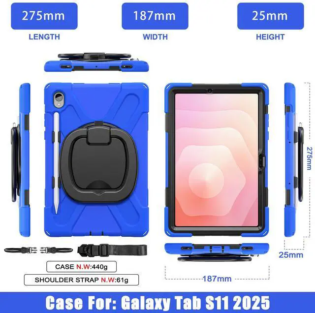 Alt view image 7 of 7 - WERLEO Case for Samsung Galaxy Tab S11 11 inch 2025 SM-X730/X736B/X736E/X736U Shockporoof Cover with Built-in Screen Protector, Pencil Holder, Rotating Hand Strap, Stand, Shoulder Strap Blue