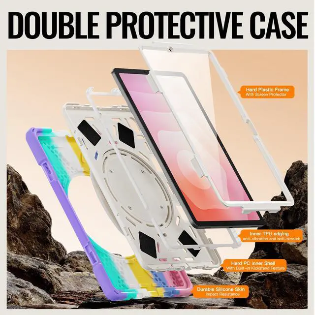 Alt view image 6 of 7 - WERLEO Case for Samsung Galaxy Tab S11 11 inch 2025 SM-X730/X736B/X736E/X736U Shockporoof Cover with Built-in Screen Protector, Pencil Holder, Rotating Hand Strap, Stand, Shoulder StrapRainbow Pink