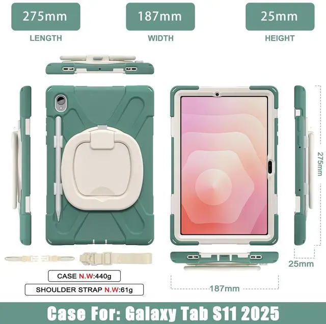 Alt view image 7 of 7 - WERLEO Case for Samsung Galaxy Tab S11 11 inch 2025 SM-X730/X736B/X736E/X736U Shockporoof Cover with Built-in Screen Protector, Pencil Holder, Rotating Hand Strap, Stand, Shoulder Strap Dark Green