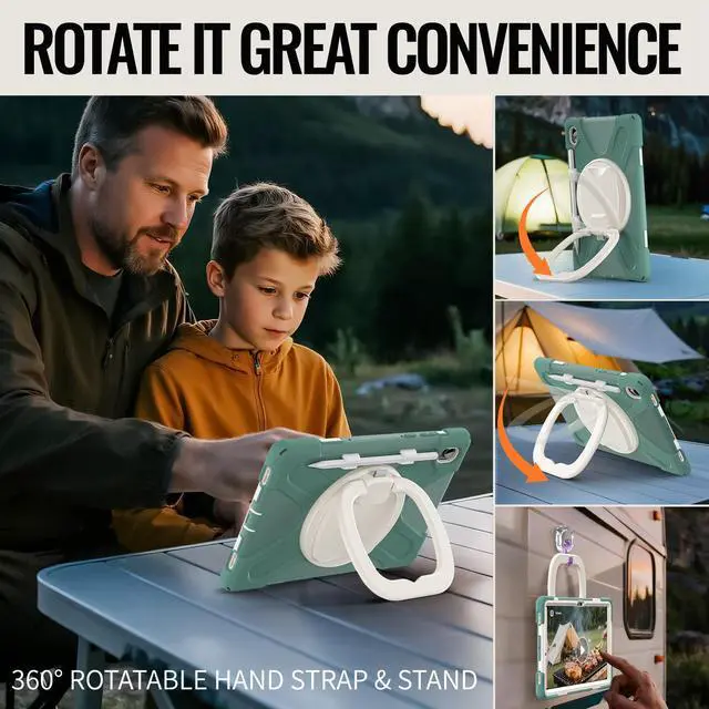 Alt view image 4 of 7 - WERLEO Case for Samsung Galaxy Tab S11 11 inch 2025 SM-X730/X736B/X736E/X736U Shockporoof Cover with Built-in Screen Protector, Pencil Holder, Rotating Hand Strap, Stand, Shoulder Strap Dark Green