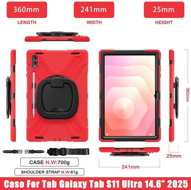 Alt view image 7 of 7 - WERLEO Case for Samsung Galaxy Tab S11 Ultra 14.6 inch 2025 SM-X930/X936B/X936E/X936U Shockporoof Cover with Built-in Screen Protector, Pencil Holder, Rotating Hand Strap, Stand, Shoulder Strap Red