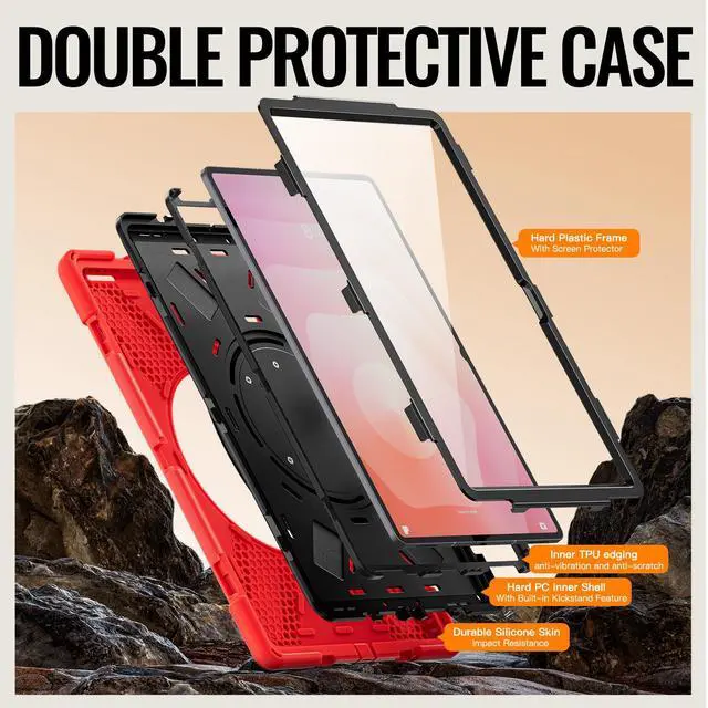 Alt view image 5 of 7 - WERLEO Case for Samsung Galaxy Tab S11 Ultra 14.6 inch 2025 SM-X930/X936B/X936E/X936U Shockporoof Cover with Built-in Screen Protector, Pencil Holder, Rotating Hand Strap, Stand, Shoulder Strap Red