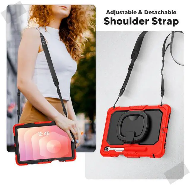 Alt view image 7 of 7 - WERLEO Protective Case for Samsung Galaxy Tab S11 11 inch 2025 SM-X730/X736B/X736E/X736U Protective Cover with Pencil Holder, 360 Rotating Stand, Hand Strap, Shoulder Strap, Support S-Pen Charging Red