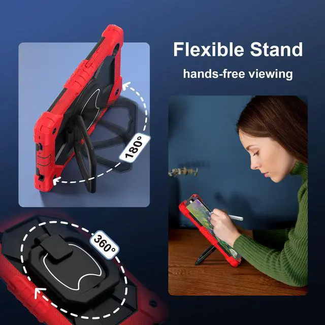 Alt view image 2 of 7 - Werleo Case for Samsung Galaxy Tab A11 8.7 inch 2025 SM-X130/X133/X135, Shockproof Rugged Silicone Drop Protective Cover with 360 Rotating Stand Handle Shoulder Strap Pencil Holder Red