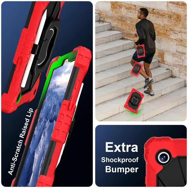 Alt view image 5 of 7 - Werleo Case for Samsung Galaxy Tab A11 8.7 inch 2025 SM-X130/X133/X135, Shockproof Rugged Silicone Drop Protective Cover with 360 Rotating Stand Handle Shoulder Strap Pencil Holder Red