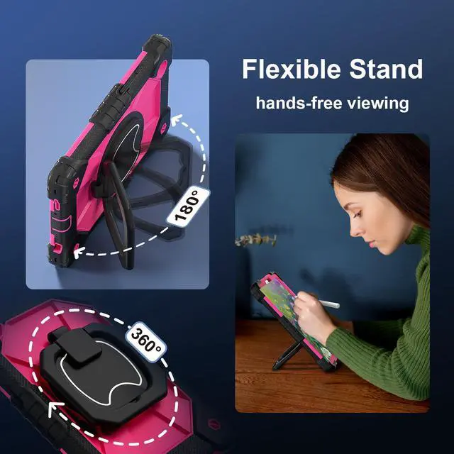 Alt view image 2 of 7 - Werleo Case for Samsung Galaxy Tab A11 8.7 inch 2025 SM-X130/X133/X135, Shockproof Rugged Silicone Drop Protective Cover with 360 Rotating Stand Handle Shoulder Strap Pencil Holder Rose Red