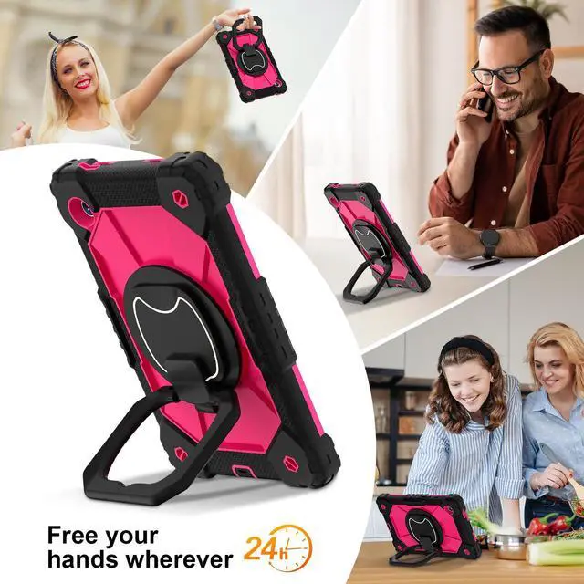 Alt view image 3 of 7 - Werleo Case for Samsung Galaxy Tab A11 8.7 inch 2025 SM-X130/X133/X135, Shockproof Rugged Silicone Drop Protective Cover with 360 Rotating Stand Handle Shoulder Strap Pencil Holder Rose Red