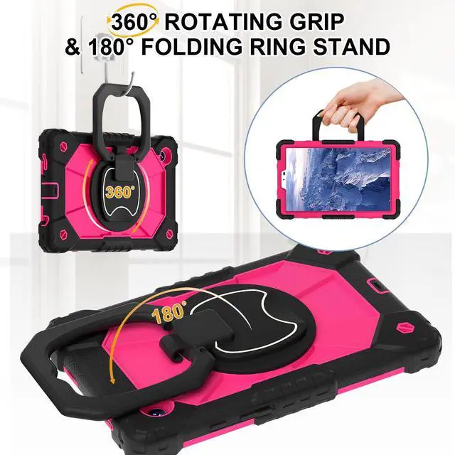 Alt view image 4 of 7 - Werleo Case for Samsung Galaxy Tab A11 8.7 inch 2025 SM-X130/X133/X135, Shockproof Rugged Silicone Drop Protective Cover with 360 Rotating Stand Handle Shoulder Strap Pencil Holder Rose Red