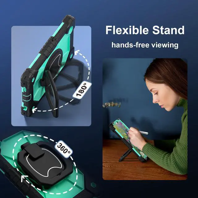 Alt view image 2 of 7 - Werleo Case for Samsung Galaxy Tab A11 8.7 inch 2025 SM-X130/X133/X135, Shockproof Rugged Silicone Drop Protective Cover with 360 Rotating Stand Handle Shoulder Strap Pencil Holder Green