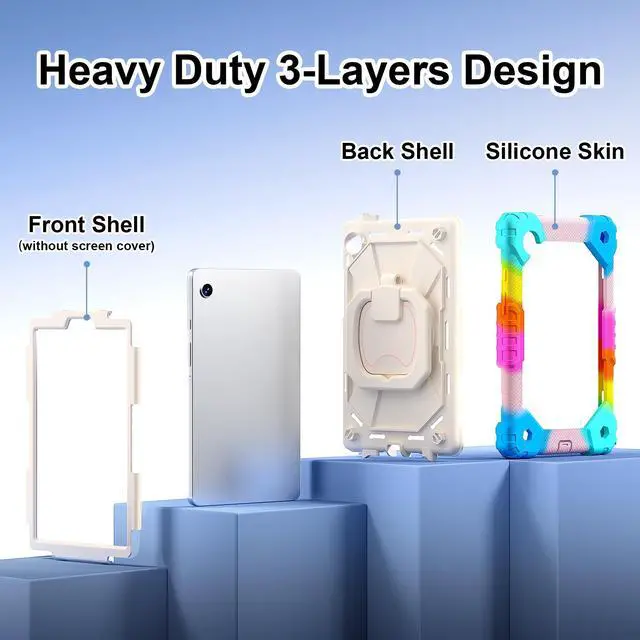 Alt view image 7 of 7 - Werleo Case for Samsung Galaxy Tab A11 8.7 inch 2025 SM-X130/X133/X135, Shockproof Rugged Silicone Drop Protective Cover with 360 Rotating Stand Handle Shoulder Strap Pencil Holder Rainbow Blue