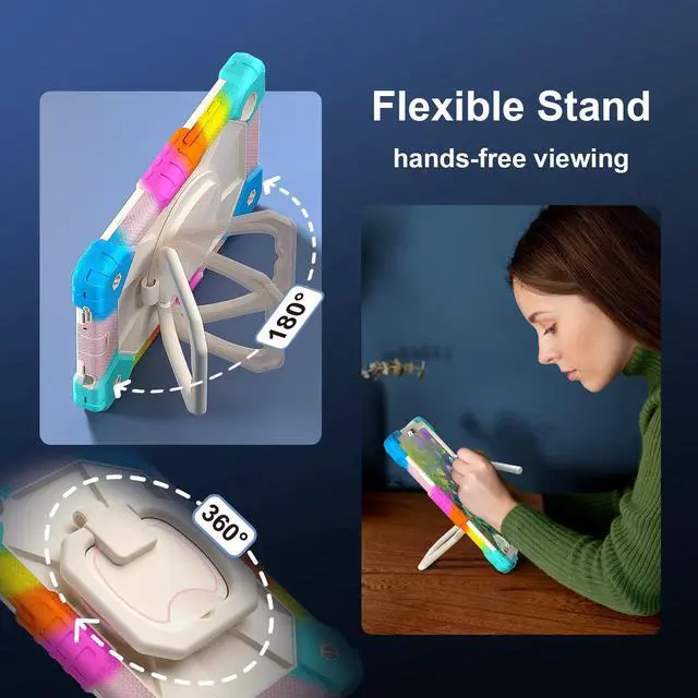 Alt view image 2 of 7 - Werleo Case for Samsung Galaxy Tab A11 8.7 inch 2025 SM-X130/X133/X135, Shockproof Rugged Silicone Drop Protective Cover with 360 Rotating Stand Handle Shoulder Strap Pencil Holder Rainbow Blue