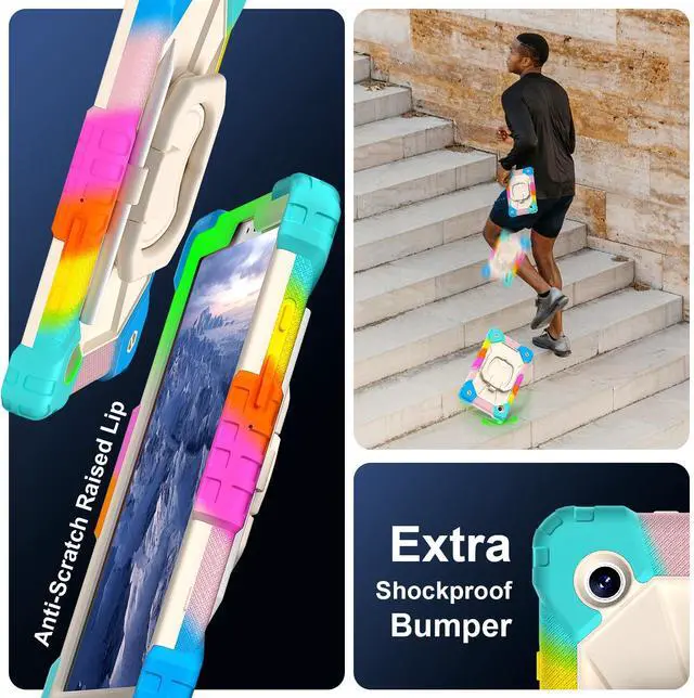 Alt view image 5 of 7 - Werleo Case for Samsung Galaxy Tab A11 8.7 inch 2025 SM-X130/X133/X135, Shockproof Rugged Silicone Drop Protective Cover with 360 Rotating Stand Handle Shoulder Strap Pencil Holder Rainbow Blue