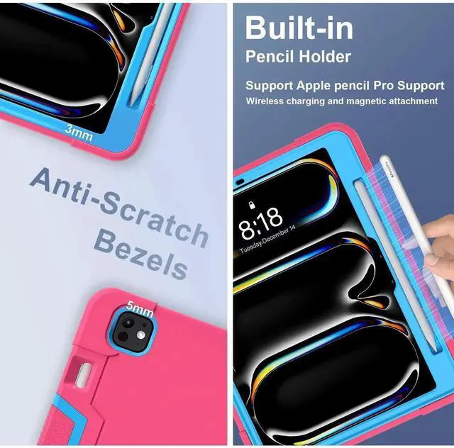 Alt view image 5 of 7 - BONAEVER Case for iPad Pro 11 Inch (M5) 2025 (M4) 2024 with Pencil Holder Heavy Duty Rugged Protective Cover with Kickstand Stylus Pen Rose Red